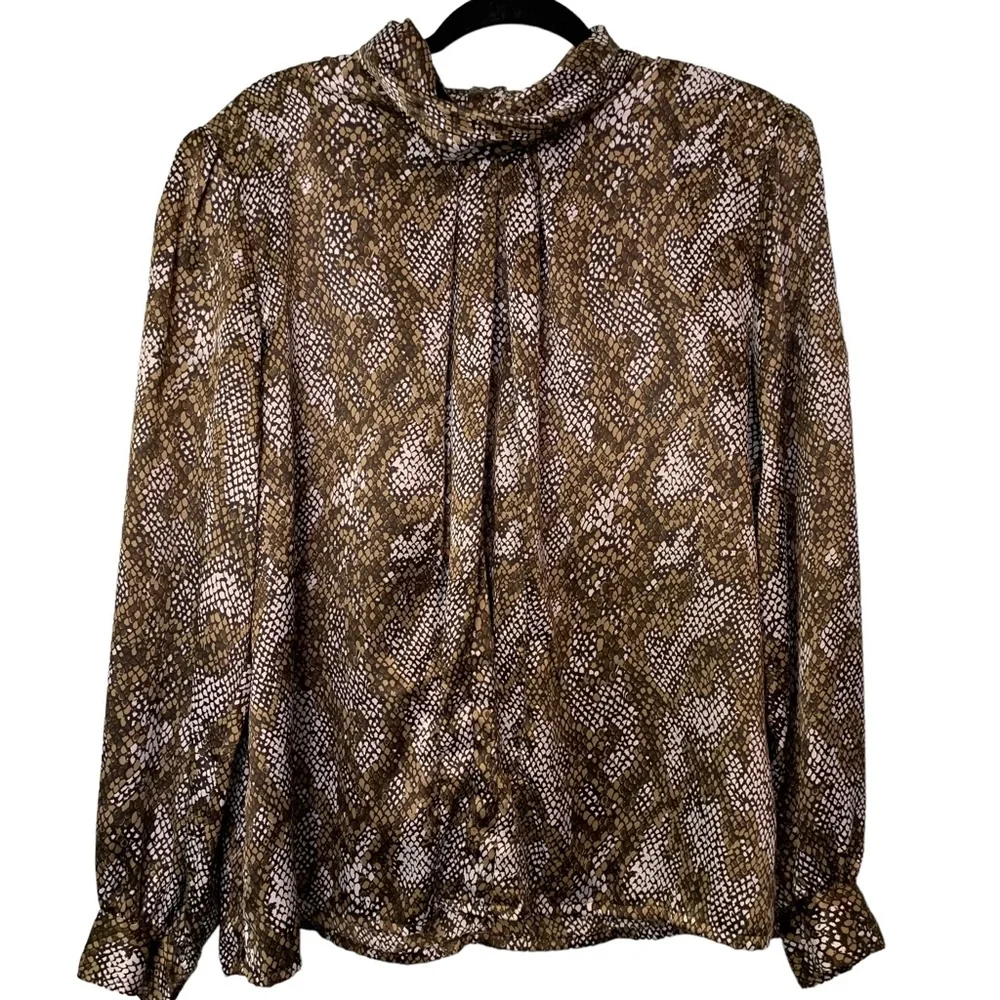 Nicola Vintage Brown Tan Long Sleeve Blouse with NeckTie Women's Size 16 - Picture 1 of 9